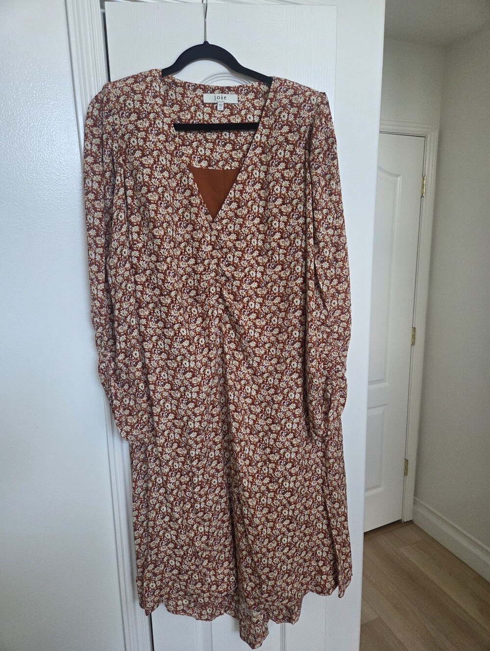 Joie Haruko Rust Floral Long-Sleeve V-Neck Midi Dress (Size 4X)